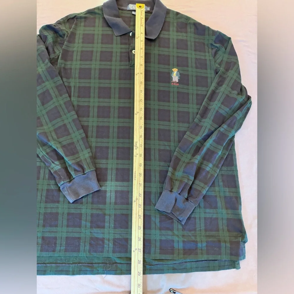 Vtg Polo Ralph Lauren Embroidered Bear Mens Large Green Blue Plaid Polo Shirt